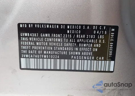 2015 Volkswagen Golf Sportwagen Tdi S 4-Door z USA, uszkodzony, nr VIN 3VWCA7AU7FM510224